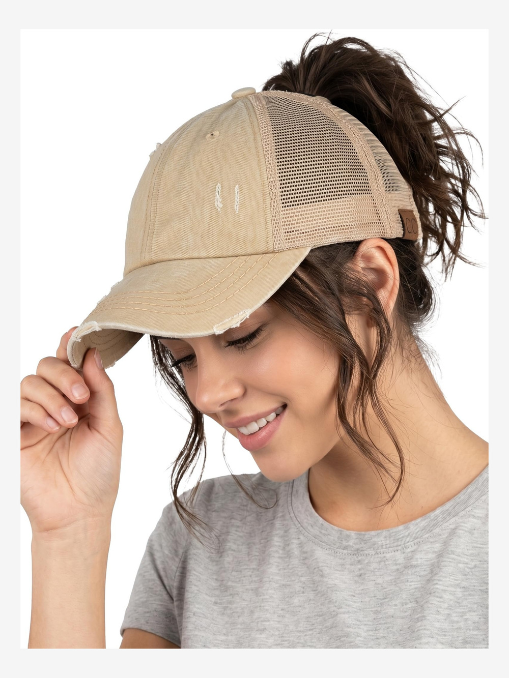 Criss Cross Ponytail Cap, Messy Bun | Beige Mesh, Khaki (Distressed) | Size OS